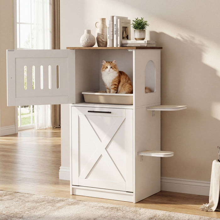115 cm Modern Hidden Cat House Cabinet with 2 Scratching Pads and  Flip-Down Storage Cabinet-