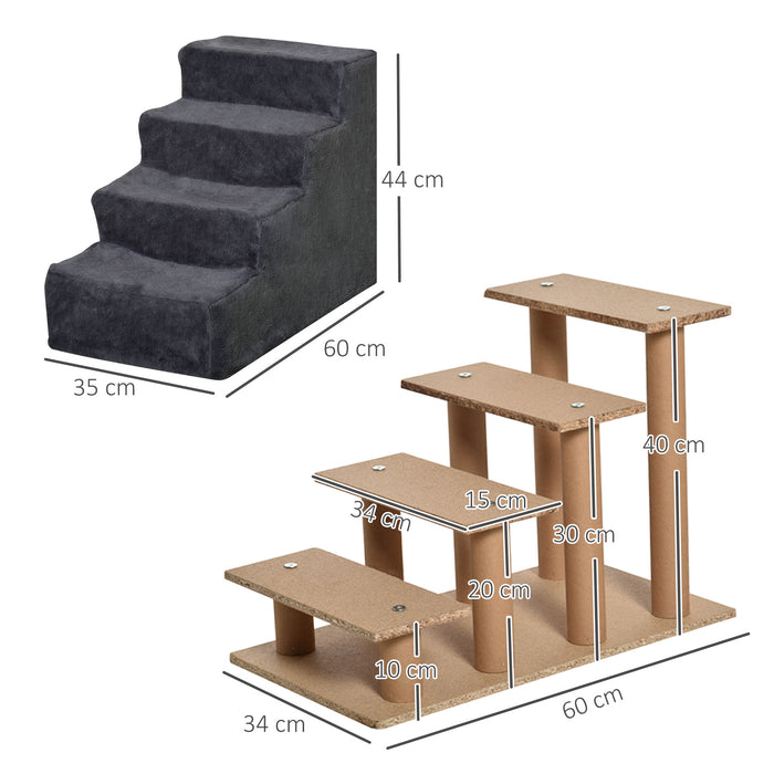 PawHut Four-Step Dog Stairs, with Washable Plush Cover, for High Bed Sofa, Dog Stairs for Small Dog and Cat - Dark Grey