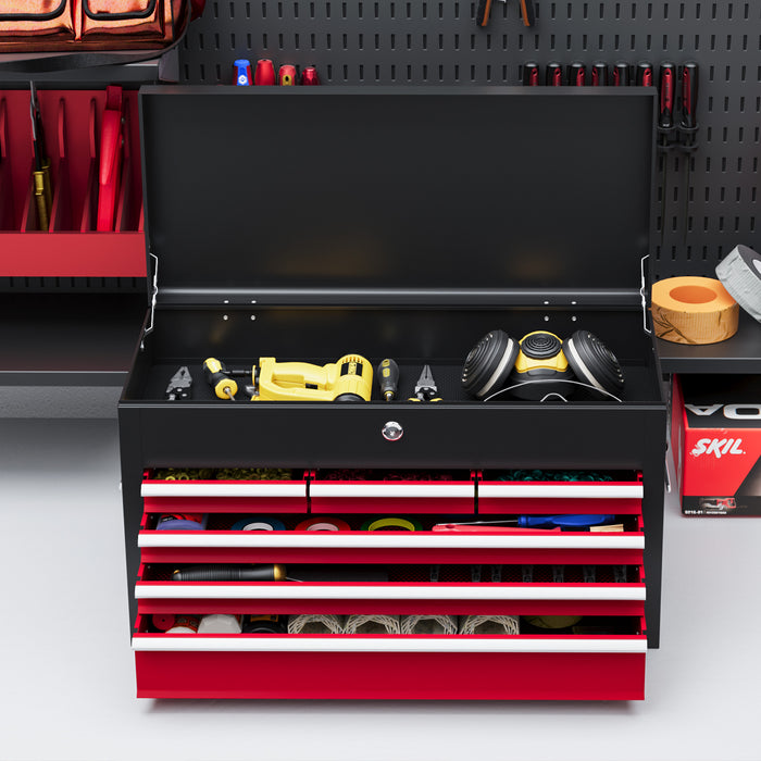 Lockable 6-Drawer Red Tool Chest with Top Case - Sturdy Metal Toolbox on Ball Bearing Runners - 600x260x340mm Portable Storage for Professionals and DIY Enthusiasts