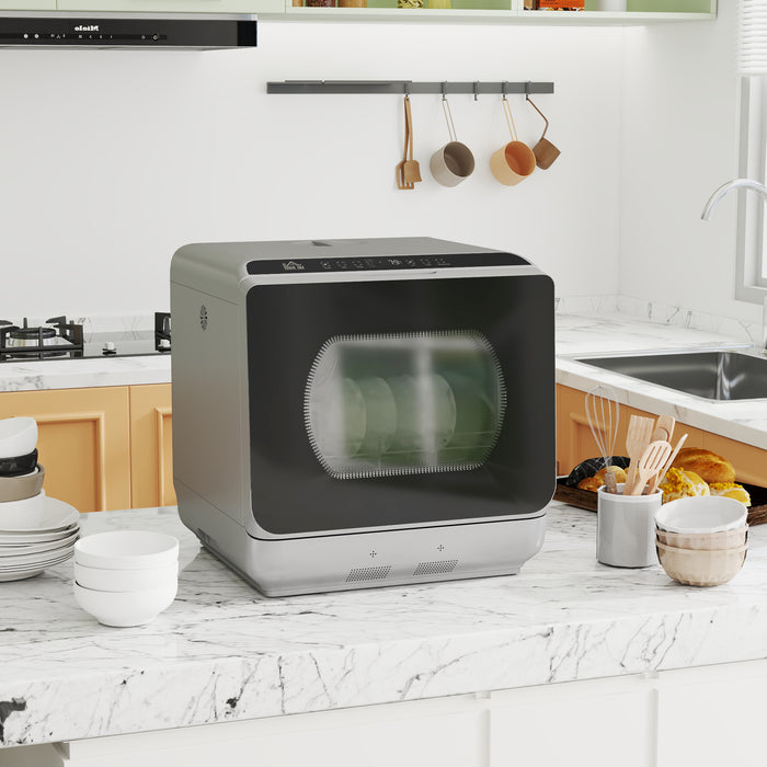 HOMCOM Tabletop Dishwasher, Mini Countertop Dishwasher with 4 Place Settings, 6 Programs, 6L Water Tank, Touch Control, LED Display, Delay Start, Dual Water Supply and Fruit Wash Mode, Silver Tone