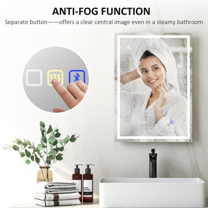 HOMCOM 50 x 70 cm Anti-Fog LED Bathroom Mirror, with Bluetooth and Clock - Silver Tone
