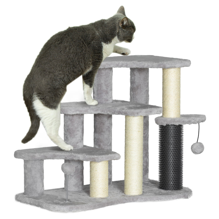 PawHut Cat Tree 2 in 1 Pet Stairs w/ Scratching Tickling Post, Toy Balls, for Bed, Sofa, Couch, Light Grey | Aosom UK