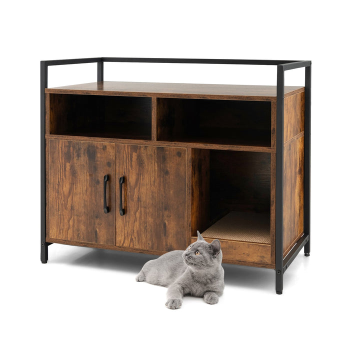 Wooden Cat Litter Box Enclosure with Compartment and Scratching Board-