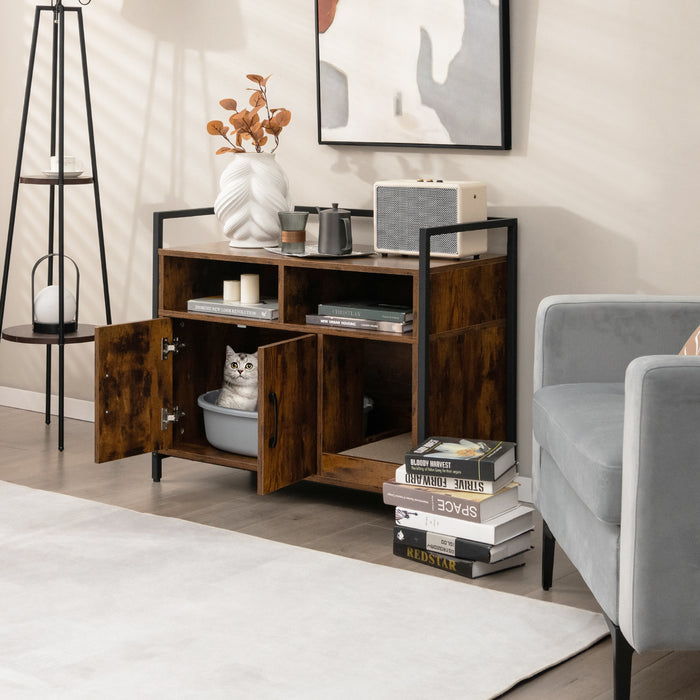 Wooden Cat Litter Box Enclosure with Compartment and Scratching Board-