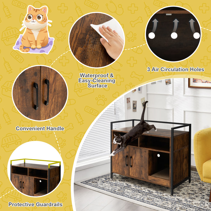 Wooden Cat Litter Box Enclosure with Compartment and Scratching Board-