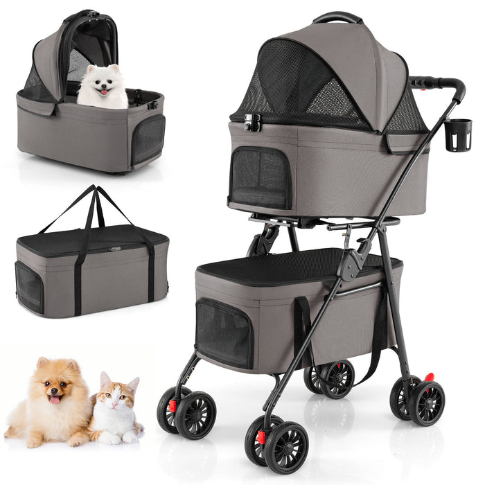 Double Pet Stroller 3 in 1 Foldable with 2 Detachable Carriers Car Seats-