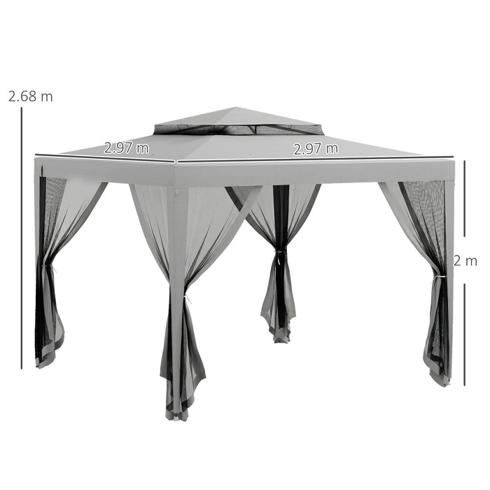 Outsunny 3 x 3 m Gazebo, Netting Party Tent, Patio Canopy Outdoor Event Shelter with Double Tier Roof, Light Grey