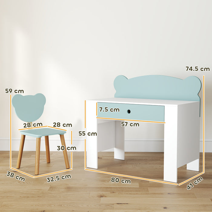 AIYAPLAY Kids Desk and Chair Set with Drawer for Drawing, Reading, Bear Theme Children Furniture for Bedroom, Daycare, Green