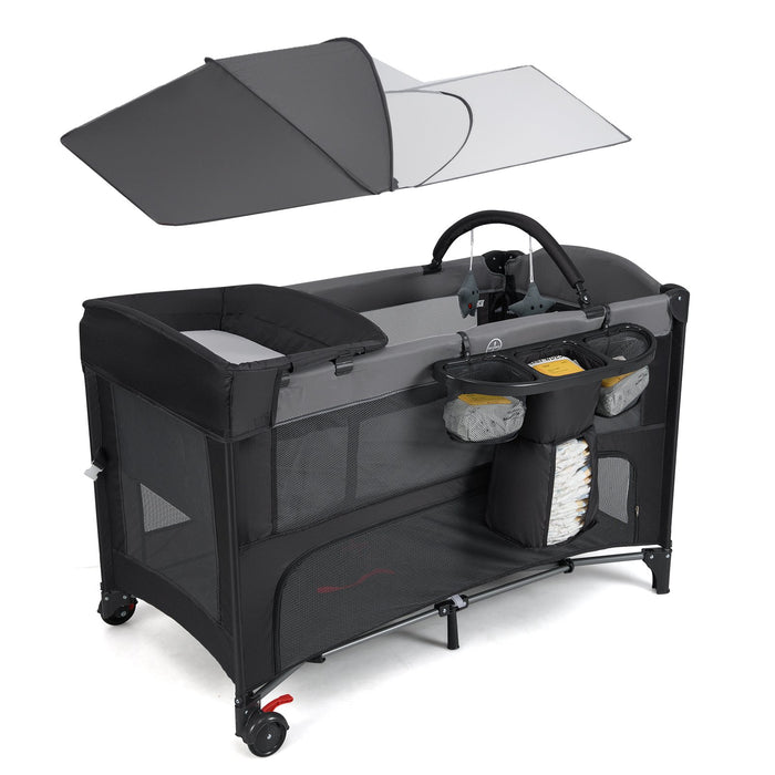Foldable Pack and Play with 5 Adjustable Heights and Changing Table-Black