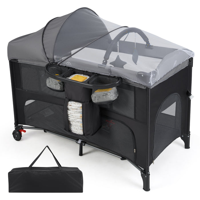 Foldable Pack and Play with 5 Adjustable Heights and Changing Table-Black