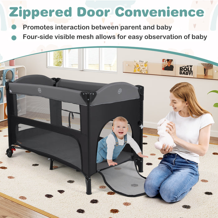 Foldable Pack and Play with 5 Adjustable Heights and Changing Table-Black