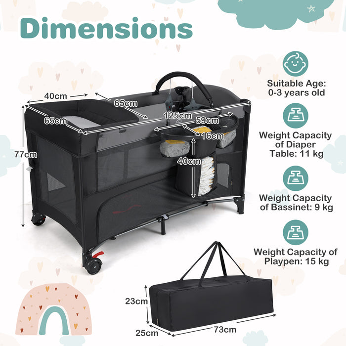 Foldable Pack and Play with 5 Adjustable Heights and Changing Table-Black