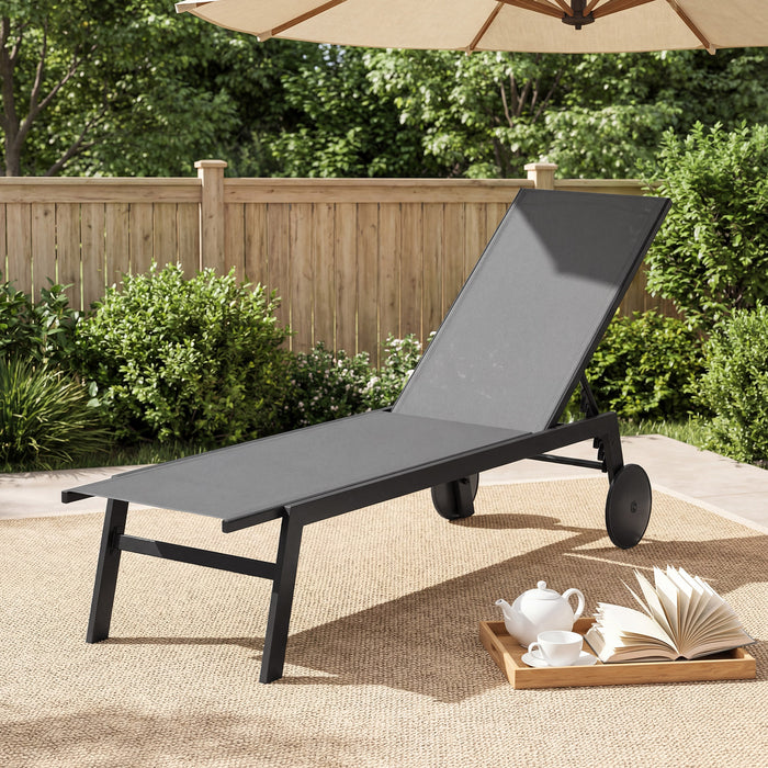 Patio Chaise Lounge Chair with Wheels Outdoor Recliner with 6-Level Adjustable Backrest-Black
