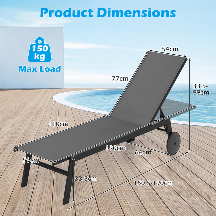 Patio Chaise Lounge Chair with Wheels Outdoor Recliner with 6-Level Adjustable Backrest-Black
