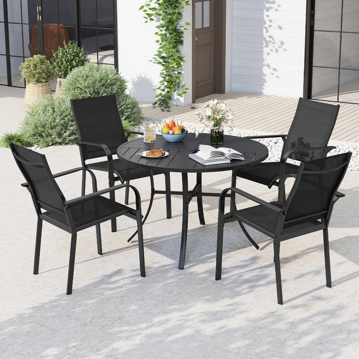 Patio Dining Table 108CM Round Metal Slat Table with Umbrella Hole-
