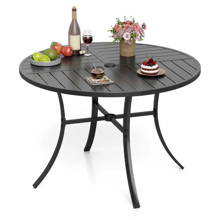 Patio Dining Table 108CM Round Metal Slat Table with Umbrella Hole-