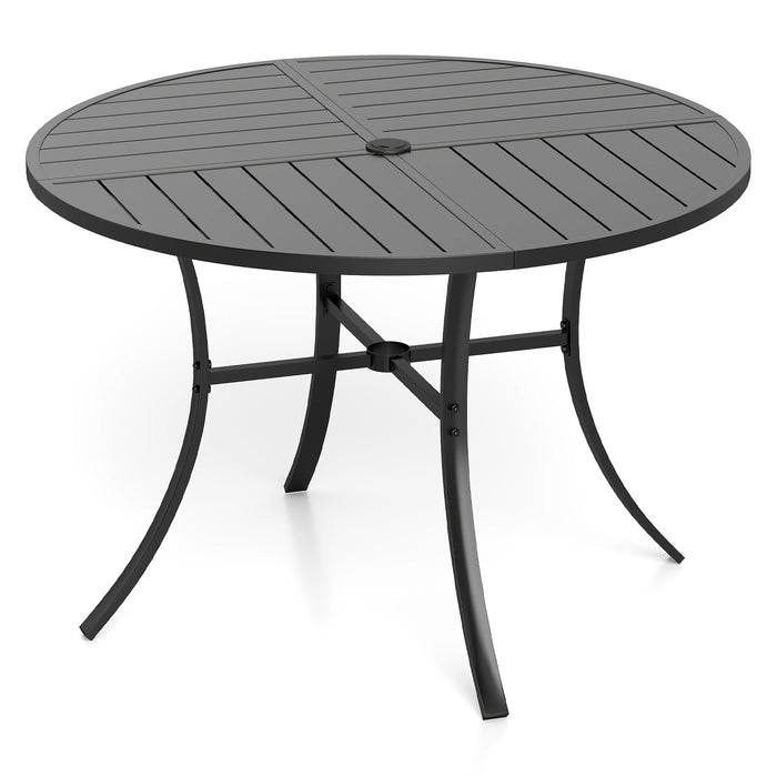 Patio Dining Table 108CM Round Metal Slat Table with Umbrella Hole-