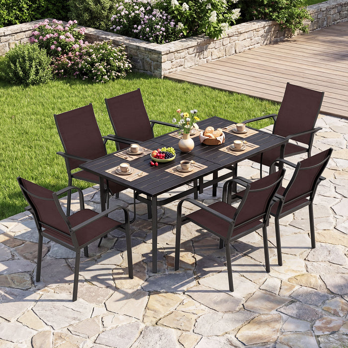 Patio Dining Table for 6 160CM Rectangle Metal Slat Table with Umbrella Hole-