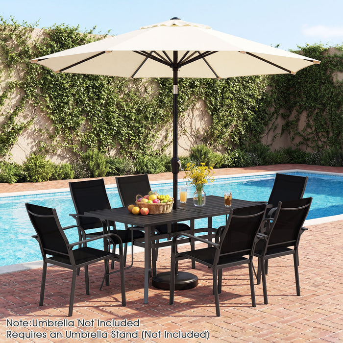 Patio Dining Table for 6 160CM Rectangle Metal Slat Table with Umbrella Hole-
