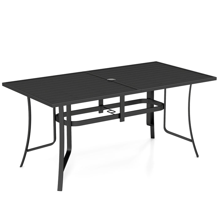 Patio Dining Table for 6 160CM Rectangle Metal Slat Table with Umbrella Hole-