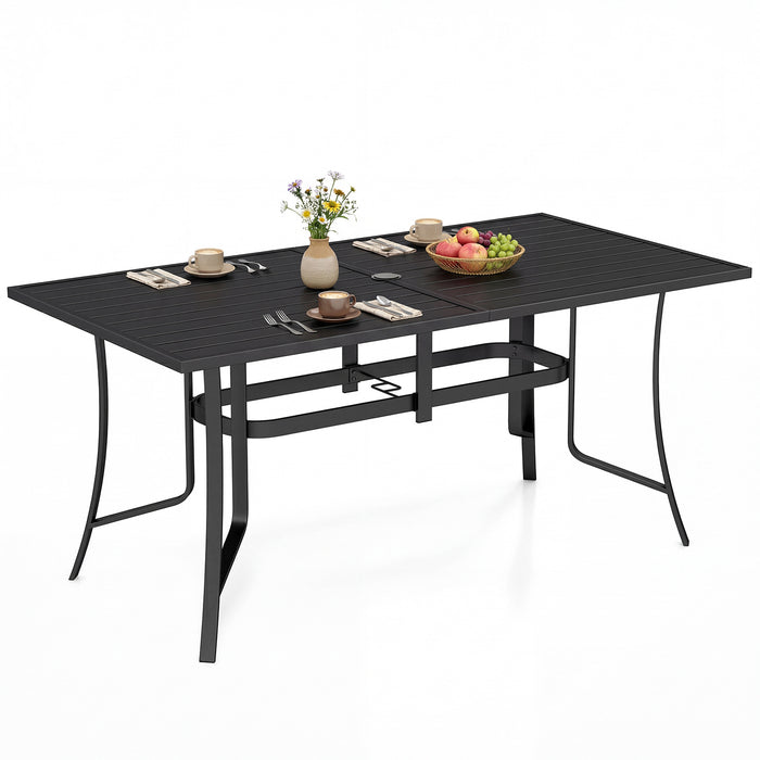 Patio Dining Table for 6 160CM Rectangle Metal Slat Table with Umbrella Hole-