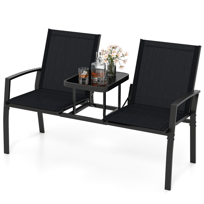 Patio Loveseat with Built-in Table 2-Seat Outdoor Furniture with Breathable Fabric Back and Seat-