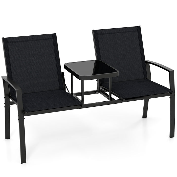 Patio Loveseat with Built-in Table 2-Seat Outdoor Furniture with Breathable Fabric Back and Seat-