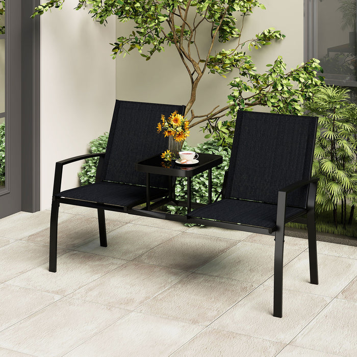 Patio Loveseat with Built-in Table 2-Seat Outdoor Furniture with Breathable Fabric Back and Seat-