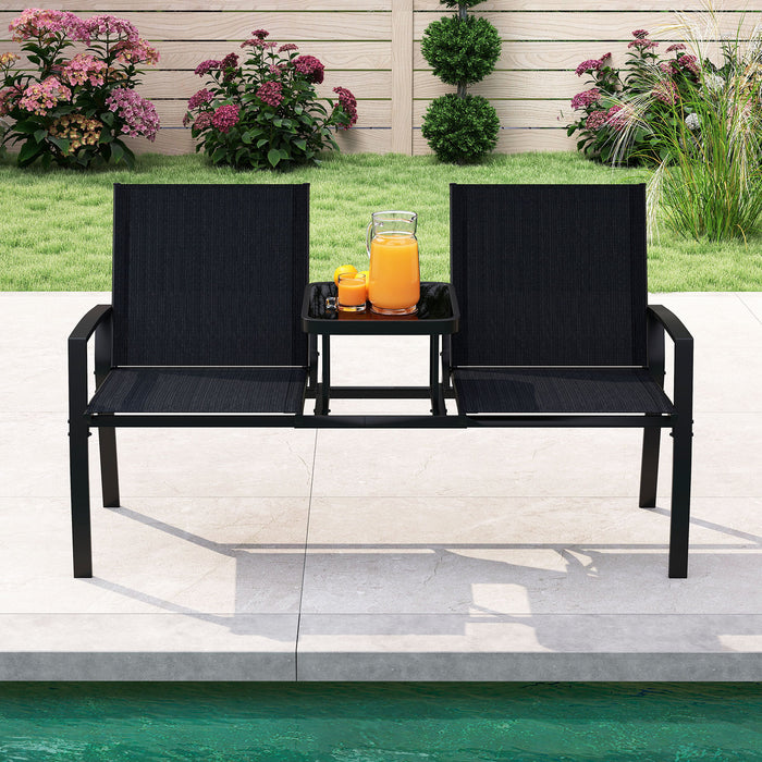 Patio Loveseat with Built-in Table 2-Seat Outdoor Furniture with Breathable Fabric Back and Seat-