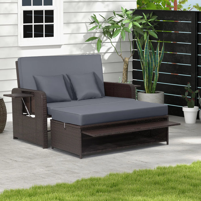 Patio Rattan Daybed Set with Ottoman and Adjustable Backrest-Beige