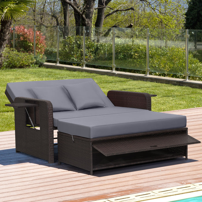 Patio Rattan Daybed Set with Ottoman and Adjustable Backrest-Beige