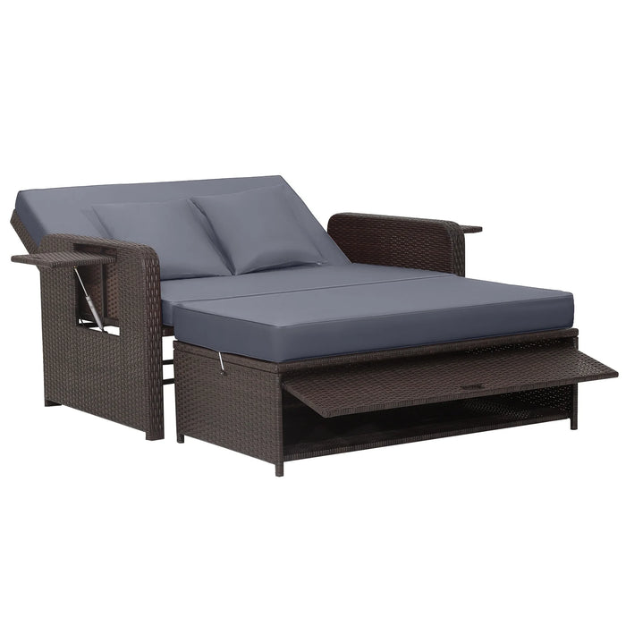 Patio Rattan Daybed Set with Ottoman and Adjustable Backrest-Beige