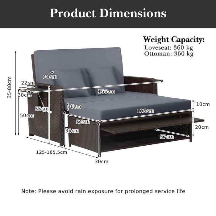Patio Rattan Daybed Set with Ottoman and Adjustable Backrest-Beige