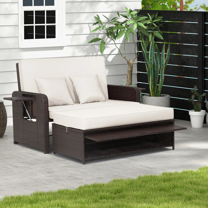 Patio Rattan Daybed Set with Ottoman and Adjustable Backrest-Beige