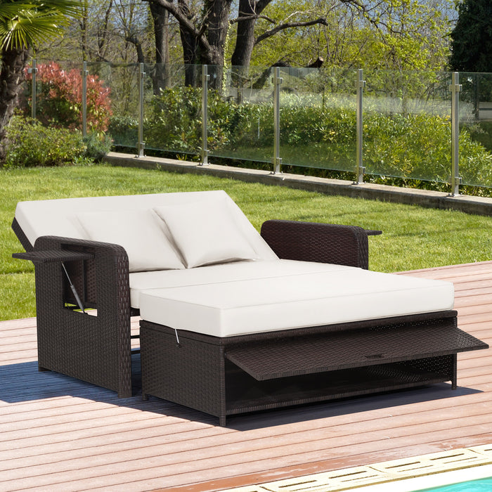Patio Rattan Daybed Set with Ottoman and Adjustable Backrest-Beige
