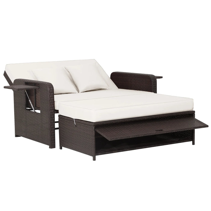 Patio Rattan Daybed Set with Ottoman and Adjustable Backrest-Beige