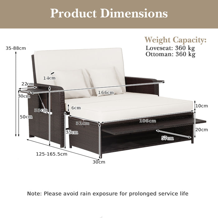 Patio Rattan Daybed Set with Ottoman and Adjustable Backrest-Beige