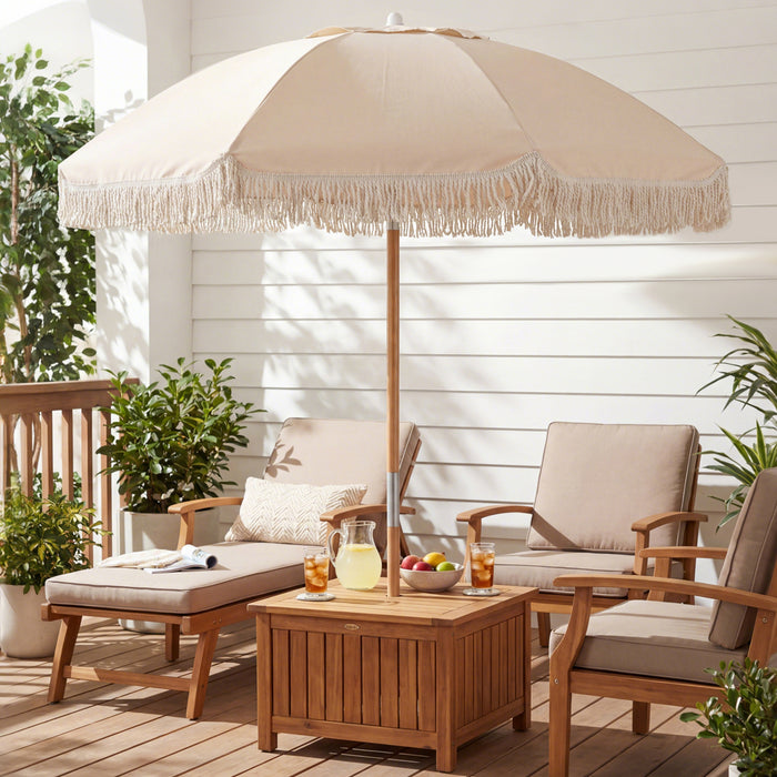 Patio Umbrella with Fringe Tassel Market Table Umbrella with Push Button Tilt-