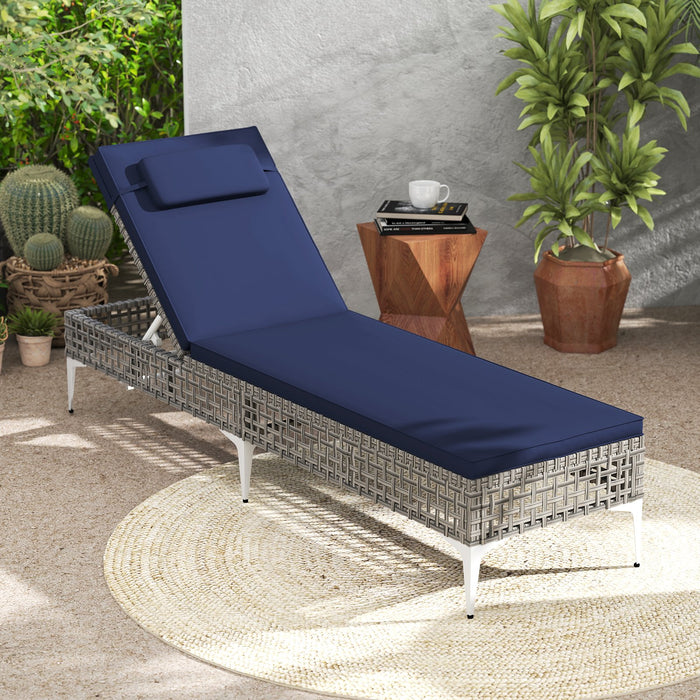 Patio Chaise Lounge PE Wicker Reclining Sun Lounger with 6-Level Adjustable Backrest-White-1 Piece