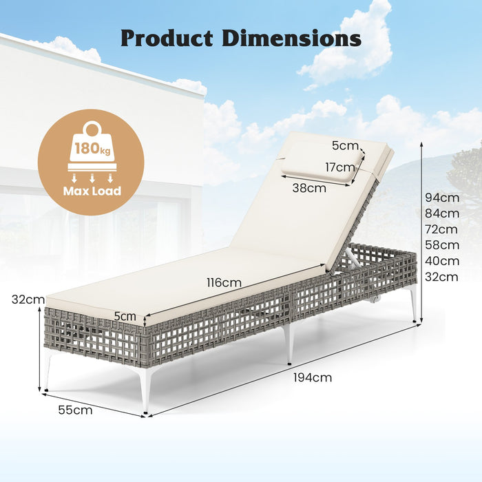 Patio Chaise Lounge PE Wicker Reclining Sun Lounger with 6-Level Adjustable Backrest-White-1 Piece