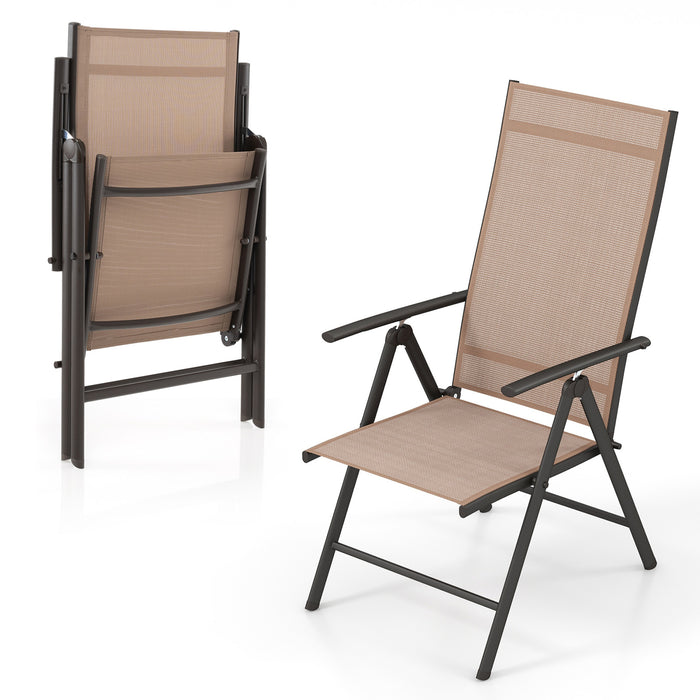 Patio Folding Dining Chairs Outdoor Sling Chairs with 7-Level Adjustable High Backrest-Brown