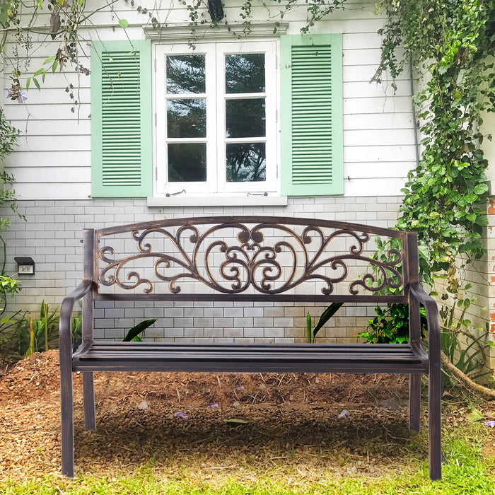 Patio Garden Bench Cast Iron and Steel Porch Loveseat with Armrests-