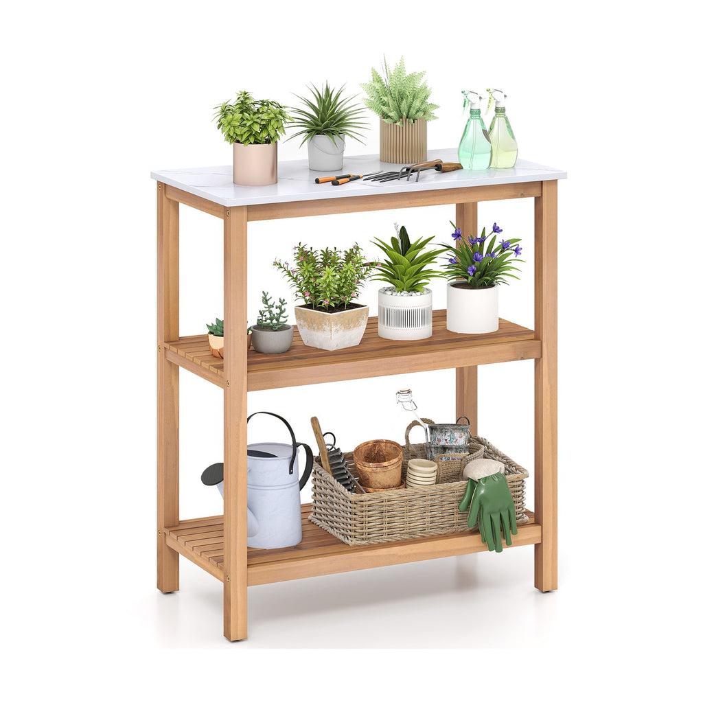 Patio Garden Potting Bench Table 3-Tier Acacia Wood Planting Workstation