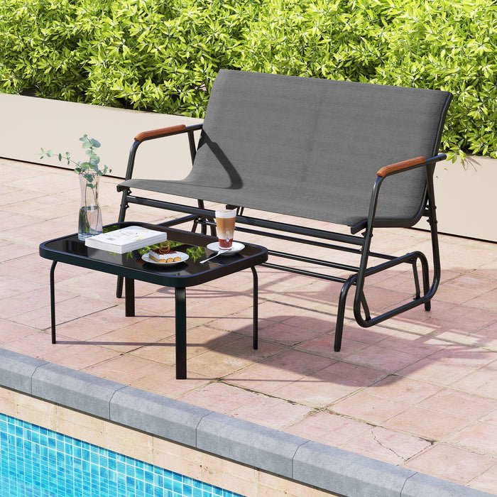2-Person Patio Glider Bench with Curved Teak Armrests and Breathable Fabric Seat-