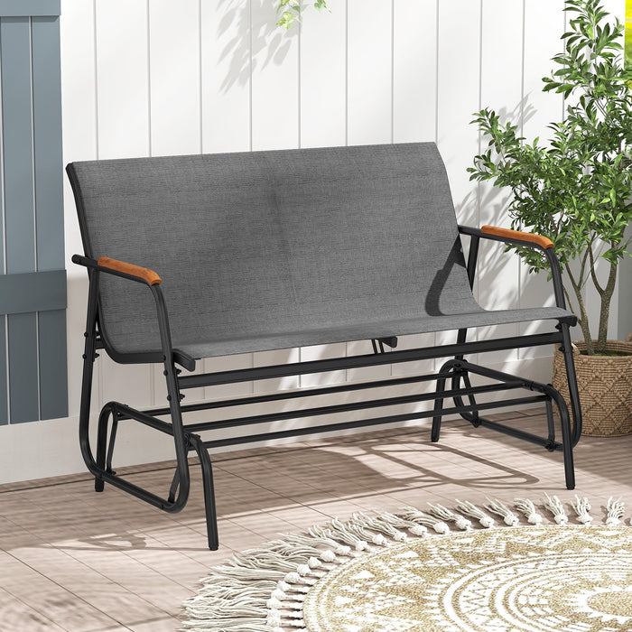 2-Person Patio Glider Bench with Curved Teak Armrests and Breathable Fabric Seat-