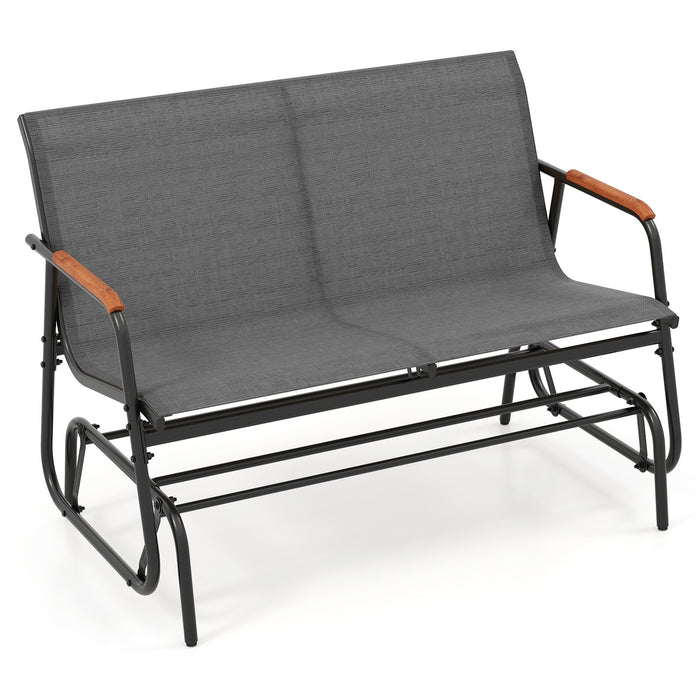 2-Person Patio Glider Bench with Curved Teak Armrests and Breathable Fabric Seat-