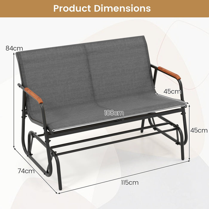 2-Person Patio Glider Bench with Curved Teak Armrests and Breathable Fabric Seat-