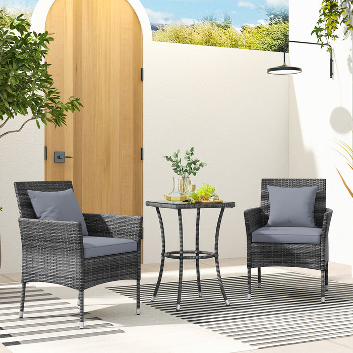 3-Piece Patio PE Wicker Conversation Bistro Set with Tempered Glass Tabletop-