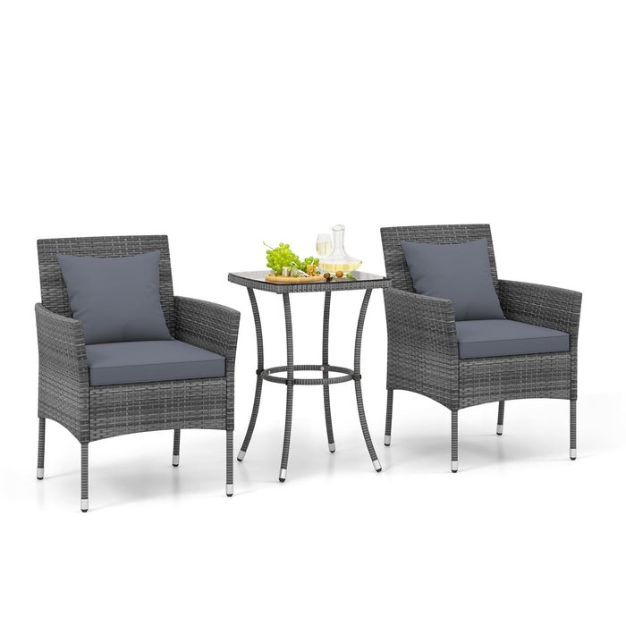 3-Piece Patio PE Wicker Conversation Bistro Set with Tempered Glass Tabletop-