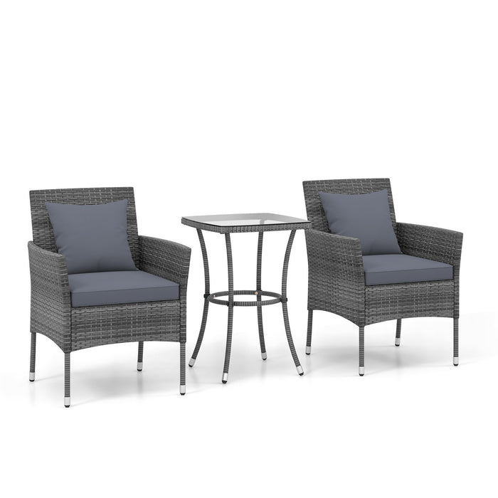 3-Piece Patio PE Wicker Conversation Bistro Set with Tempered Glass Tabletop-